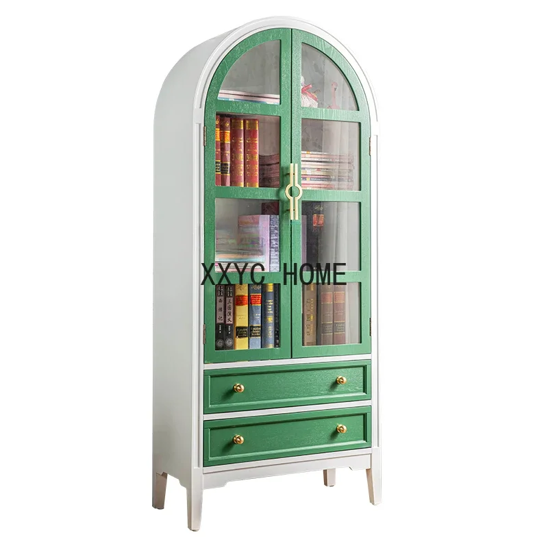 

American Green Storage Bookshelf Arch Lockers with Glass Door French Pastoral Style Hand-Made Display Cabinet