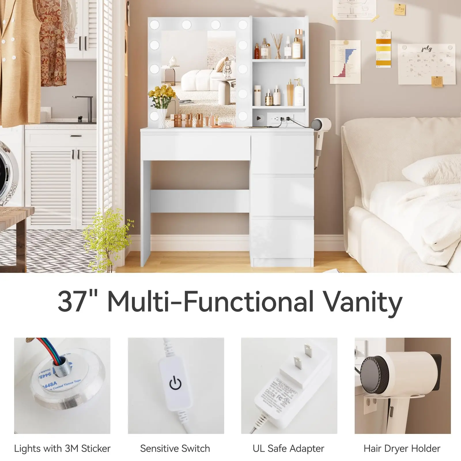 Vabches مكتب زينة مع أضواء مرآة طاولة تزيين مكياج مع منفذ طاقة 4 أدراج أثاث طاولة زينة خشبية لغرفة النوم