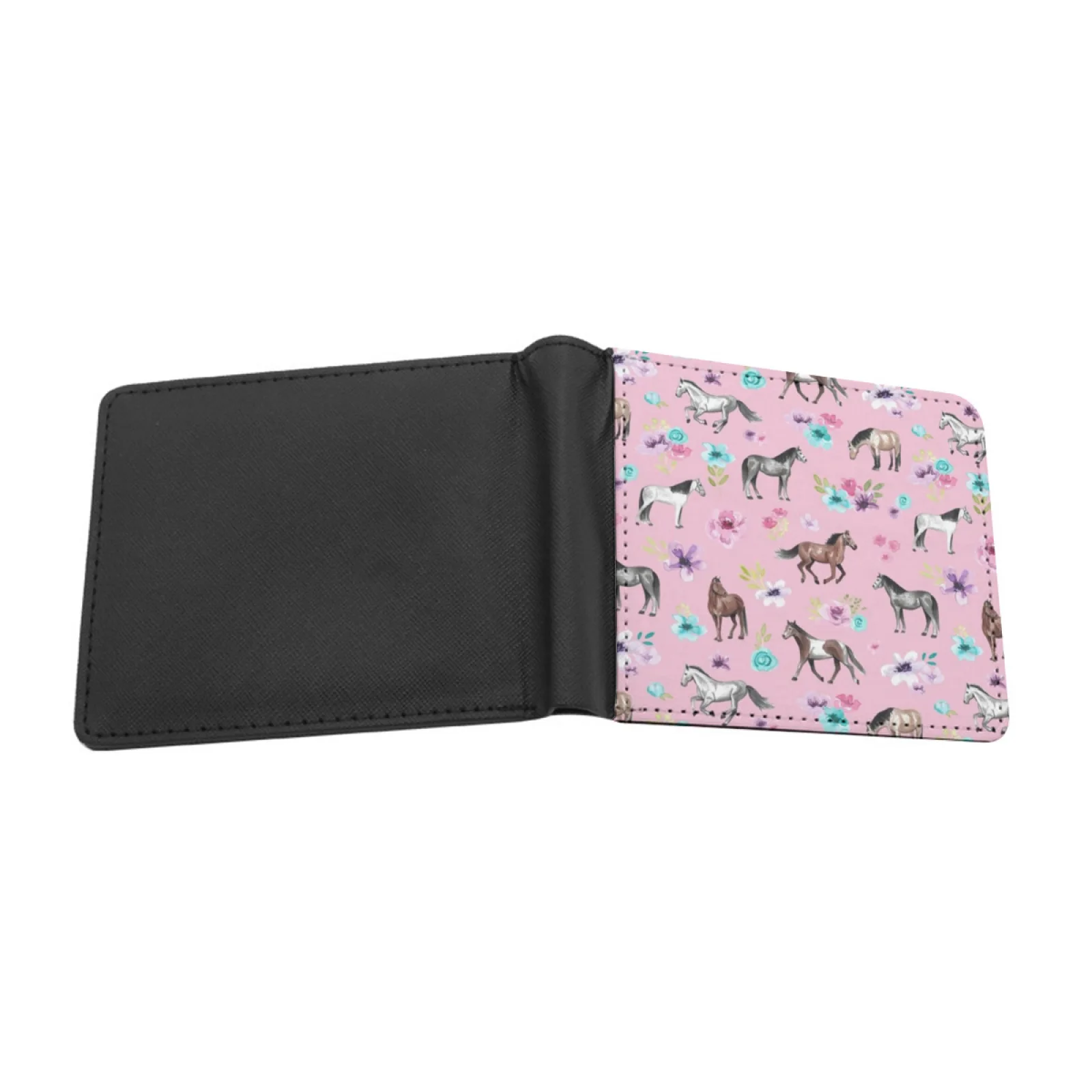 Horses And Flowers On Pink Equestrian Art Horse Decor Cowgirl Personalized Men's Leather Wallet Card Money Bag Pu Leather