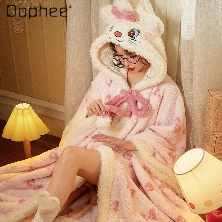 

Cartoon Cat Nightgown Women Autumn and Winter Coral Fleece Long Cape Pajamas Loungewear Sleepwear Women