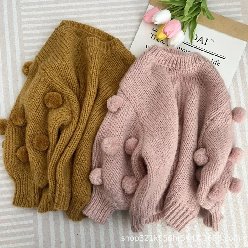 New Autumn Winter Kids Girls Sweater Round Collar Knitwear Long Sleeves Pullover Pompom Fashion Knitted Bottomed Top H2234