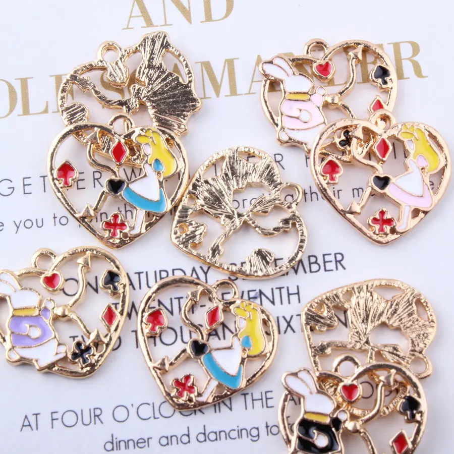 10pcs 16*26mm Diy Enamel Heart Alice In Wonderland Rabbit Charms Kc Gold Alloy Small Bracelet Pendant Korean Jewelry Accessories