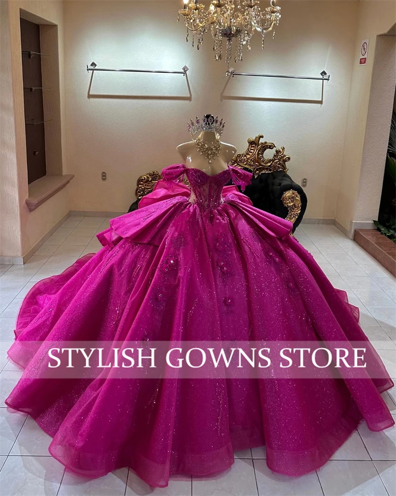 Mexico Fuchsia Off The Shoulder Tassel Quinceanera Dress Ball Gown Beaded Appliques Princess Dresses Bow Tiered Customized