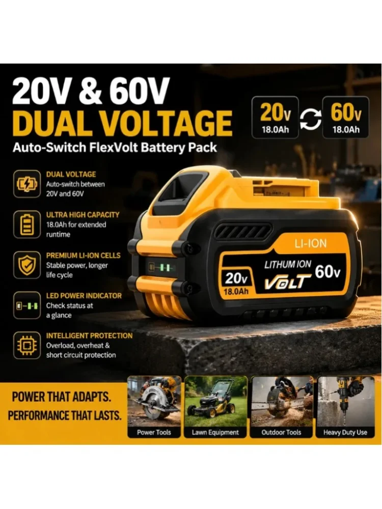 Akumulator 100% kompatybilny z DeWALT 60V 18Ah, wysokowydajny akumulator litowo-jonowy 60V MAX Flexvolt, odpowiedni do akumulatora wkrętarki elektrycznej DeWALT. — 2