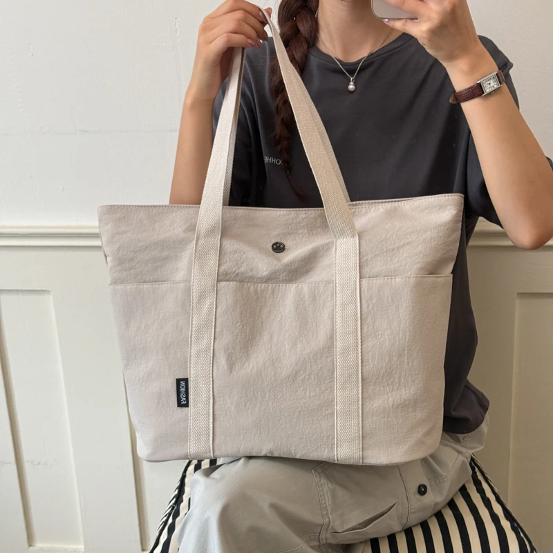 Khaki Large Capacity Canvas Tote Bag, Multi-pocket Casual Commute Shoulder Handbag for Student Women