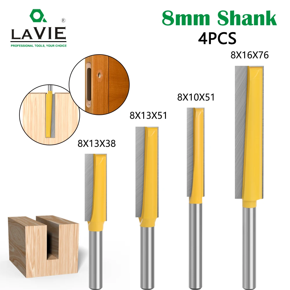 LAVIE 4pcs 8mm Shank Extension Long Straight Trimming Knife CNC Router Bit set Milling Cutters for Wood Edge Cutting