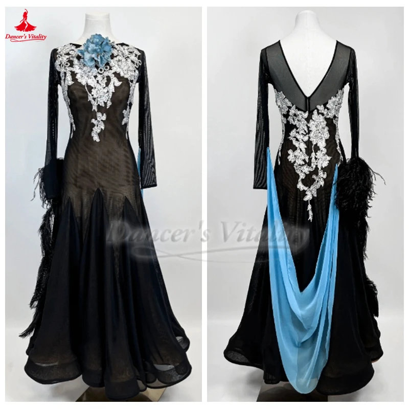 

Waltz Foxtrot Quickstep Long Sleeves V-shaped Back Dress Custom Adult and Child Ballroom Dance Professional Competition Clothes