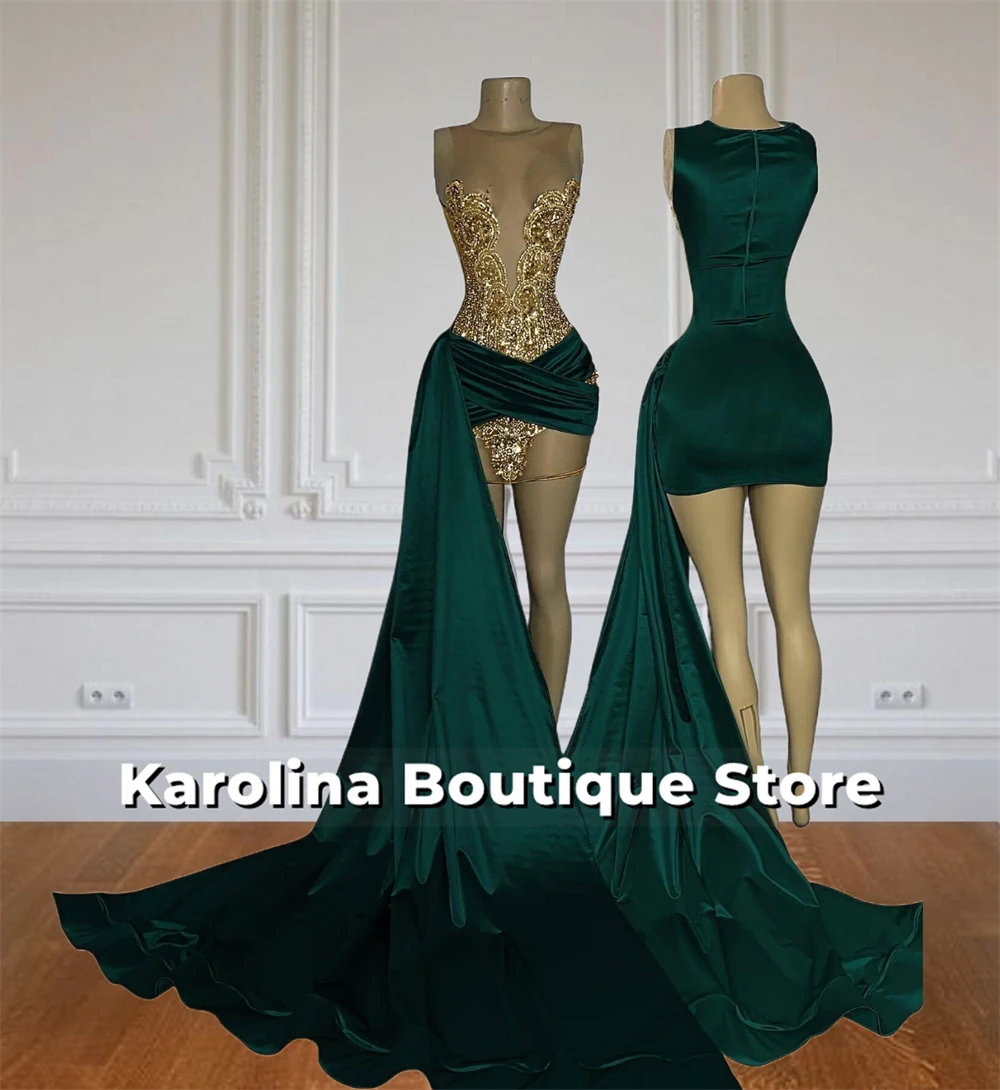 Fantastic Dark Green Prom Dresses Gold Crystal Beading See Thru Mini Cocktail Gowns With Side Train Birthday Party Customized