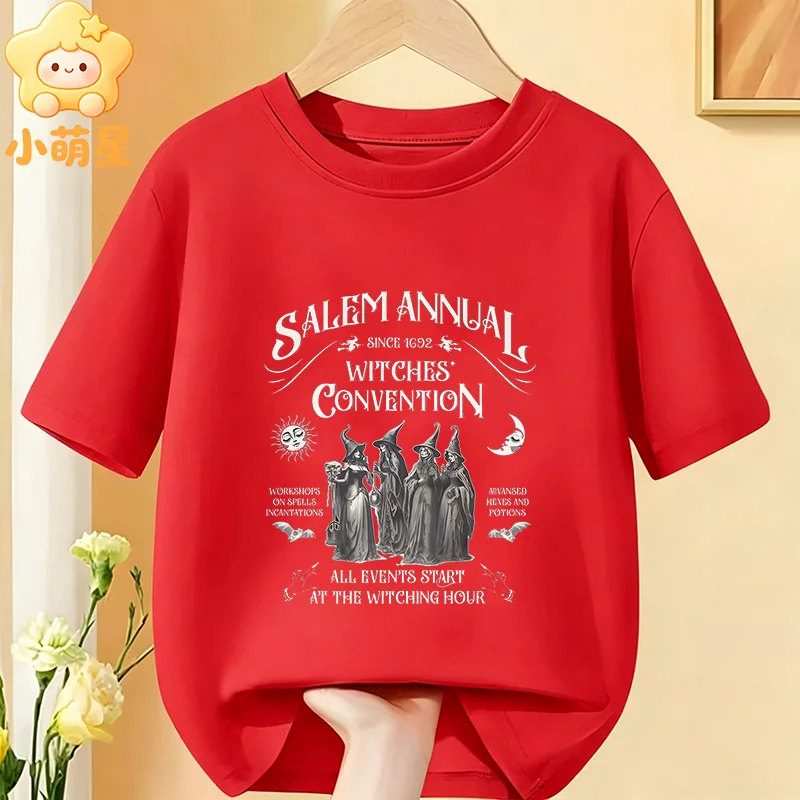 Kids Halloween T‑Shirt Vintage Salem Witches Convention Spooky Text Art Holiday Print Short Sleeve Cotton Boys Girls Party Tee view 2