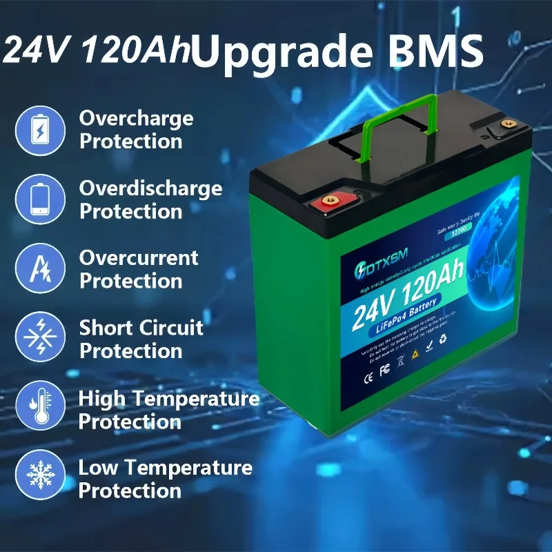

100-120Ah 32700 LiFePO4 battery built-in 24V BMS RV rechargeable lithium iron phosphate solar power marine battery with charger