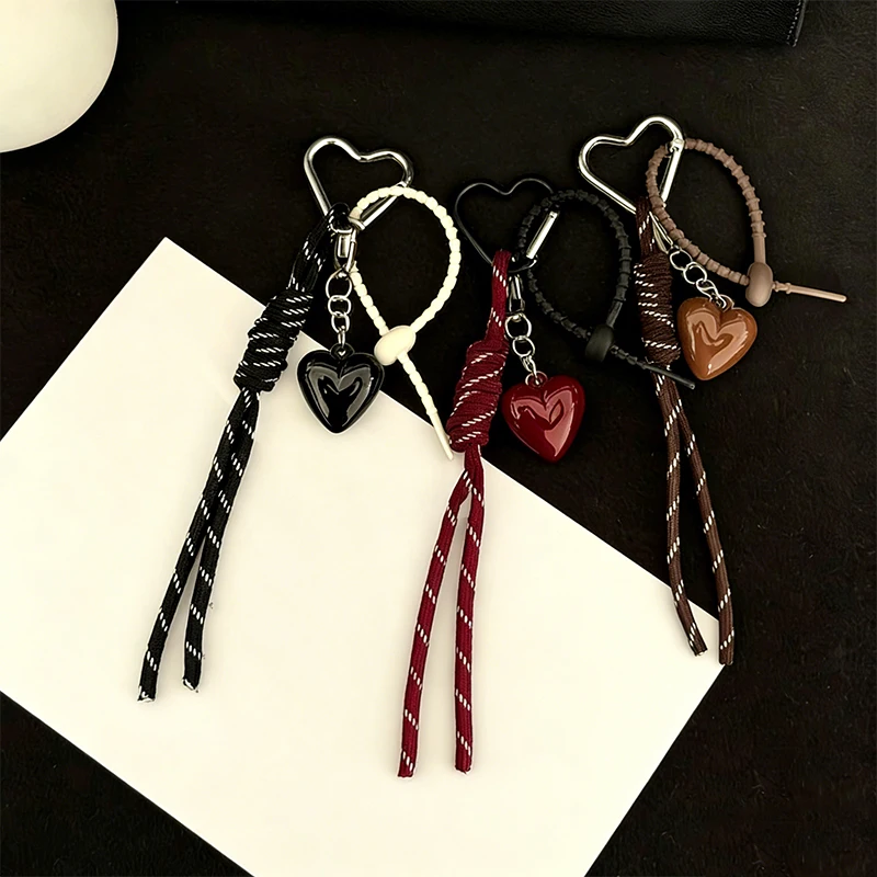 Fashionable Heart Leather Rope Keychain Cherry Bow Y2K Mobile Phone Lanyard Handmade Bag Pendant Ornaments Gifts