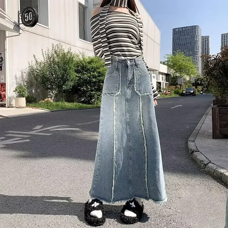 2024 Spring/Summer New Long Denim Half Skirt with Hairy Edge and Large Pocket, Fashionable A-line Mid to Long Tail Denim Skirt