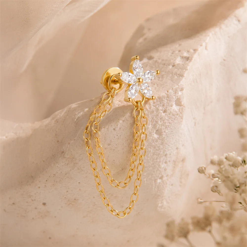 AIDE 925 Sterling Silver Petal CZ Zircon Double Layer Tassel For Women Huggies Cartilage Helix Flat Back Hypoallergenic Earrings