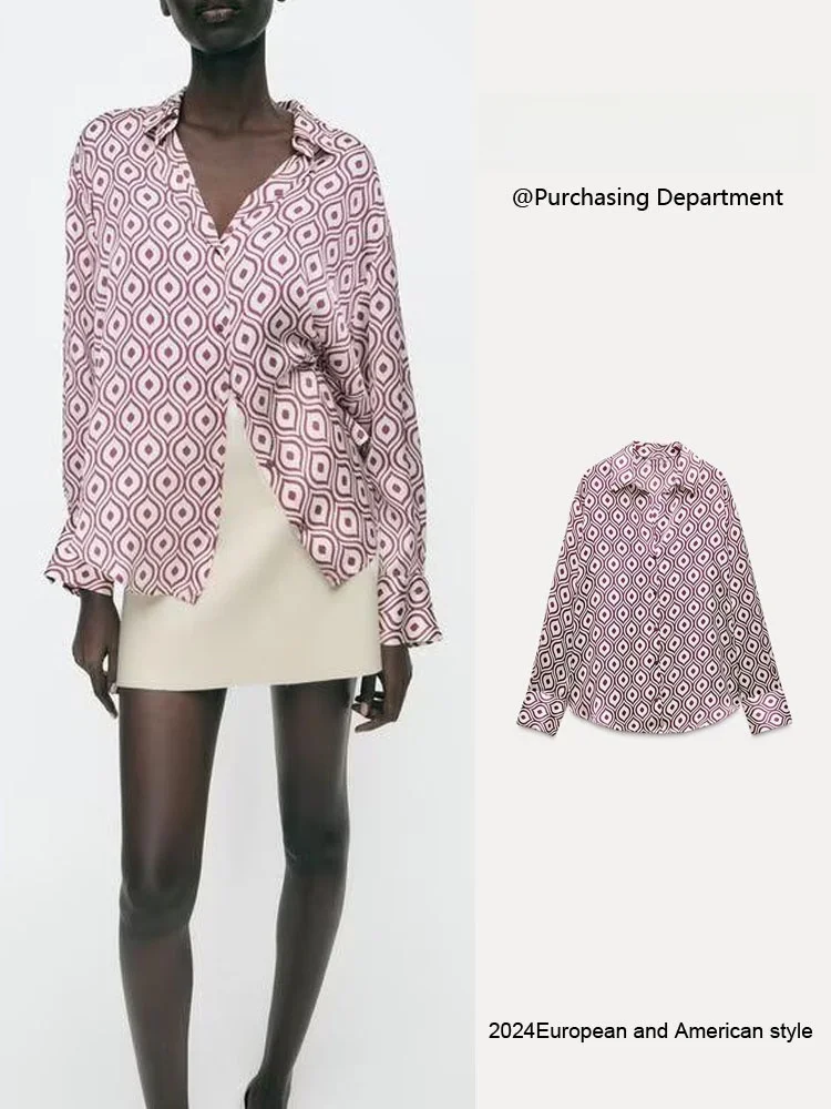 

Silk Satin Long Sve irt Women's Spring New Geometric Print Turn-down Collar Comfortable Commute Sle Regular Fit irt