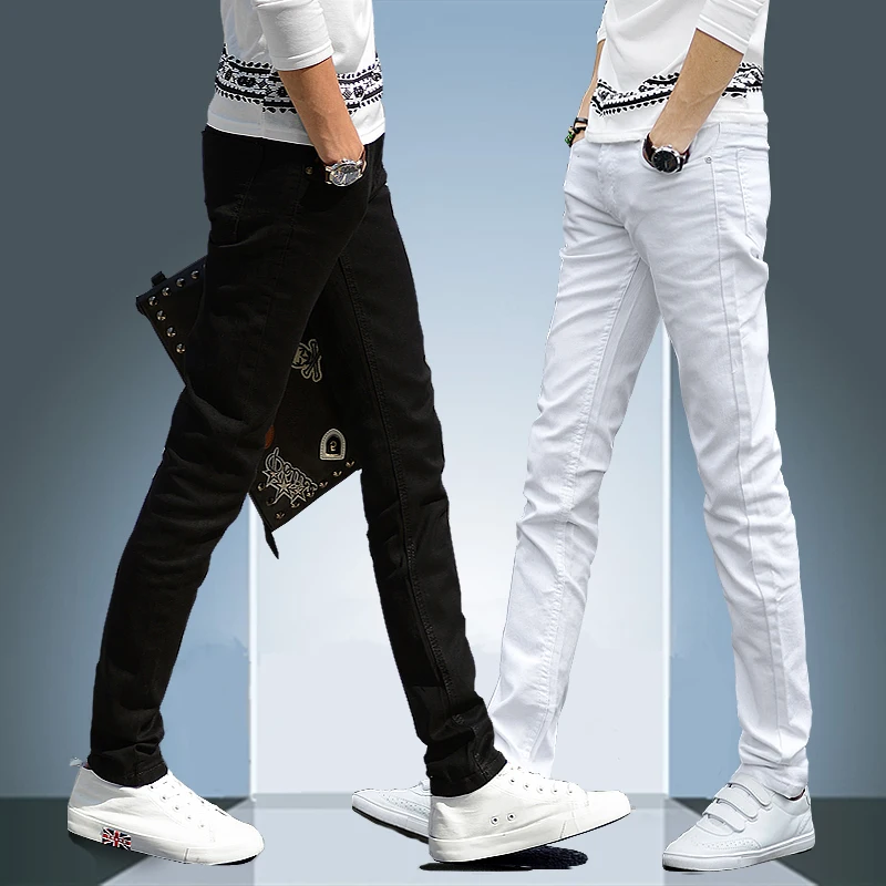 

NEW 2022 Indoor Business Man Black White Cotton Thin Students Straight Leisure Stretch Skinny Denim Overalls Men Pencil Pants