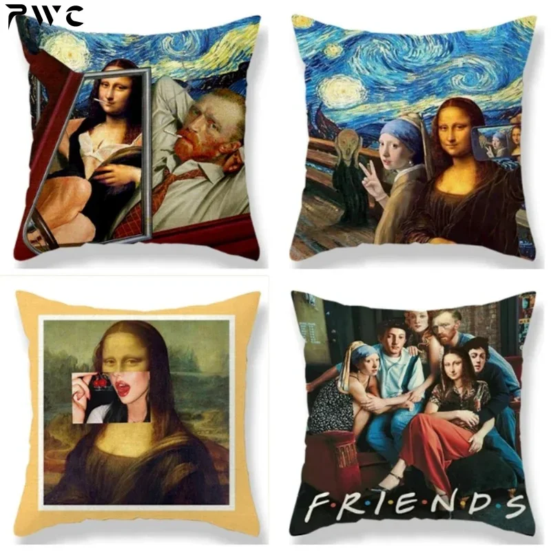 Oil Painting Portrait Decorative  Linen Cushion Cover Mona Lisa Print Pillow Case For Sofa Chair Home Decor Gift 45x45cm