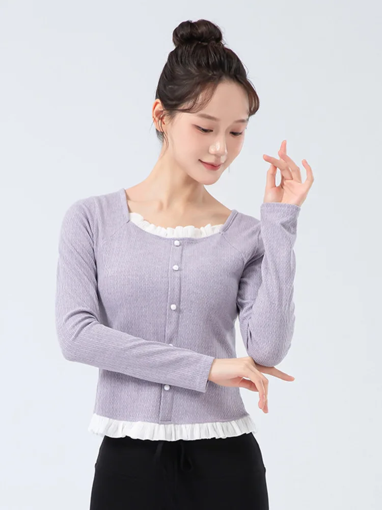 قميص باليه بقصة ضيقة ورقبة مربعة مكشكشة من الدانتيل - قميص رقص مسرحي بأكمام طويلة مكون من قطعتين للنساء