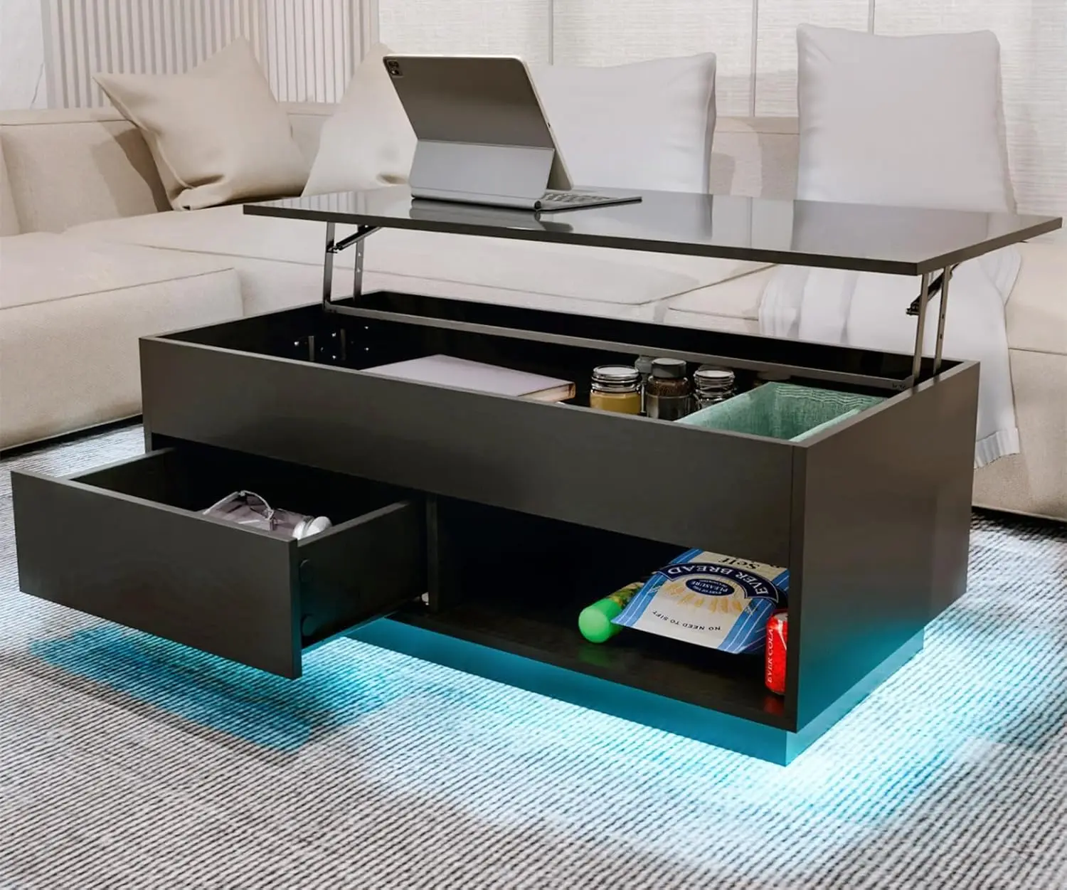 Estantería abierta y cajón negro, mesa de centro elevable de 40 "con almacenamiento, mesa de centro LED moderna de alto brillo para sala de estar, 3 niveles, moderna