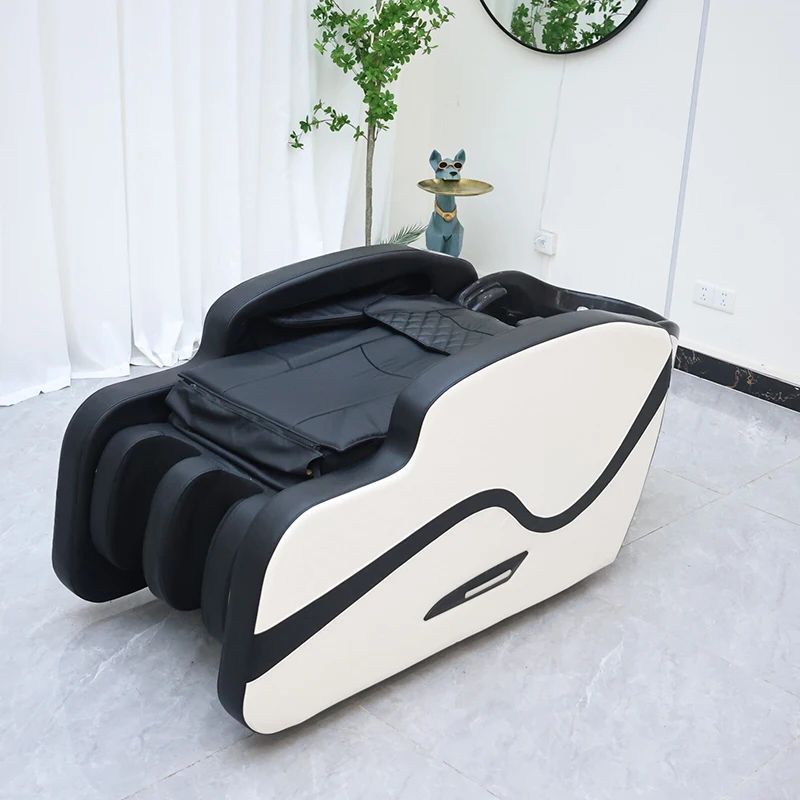 Modern Barbershop Furniture Electric Back Massage Lay Down Washing Chair Luxury Head Therapy Shampoo Bed with Led Lights