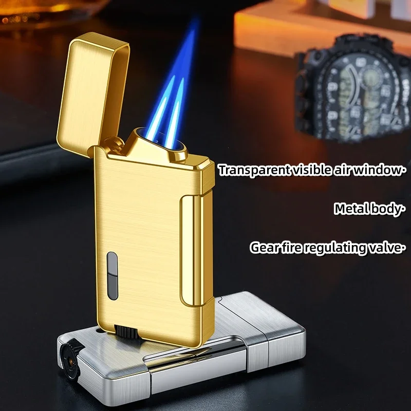 Metal Creative Double Flame Gas Lighter Windproof Blue Flame Inflatable Lighter Lightweight and Portable High-end Men\'s Gifts