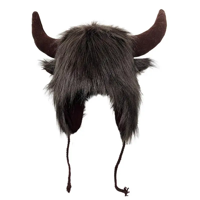 Women Men Winter Furry Plush Snow Trapper Hat Cute Ox Horns Fluffy Animal Cap With Ear Flap Cosplay Earmuff