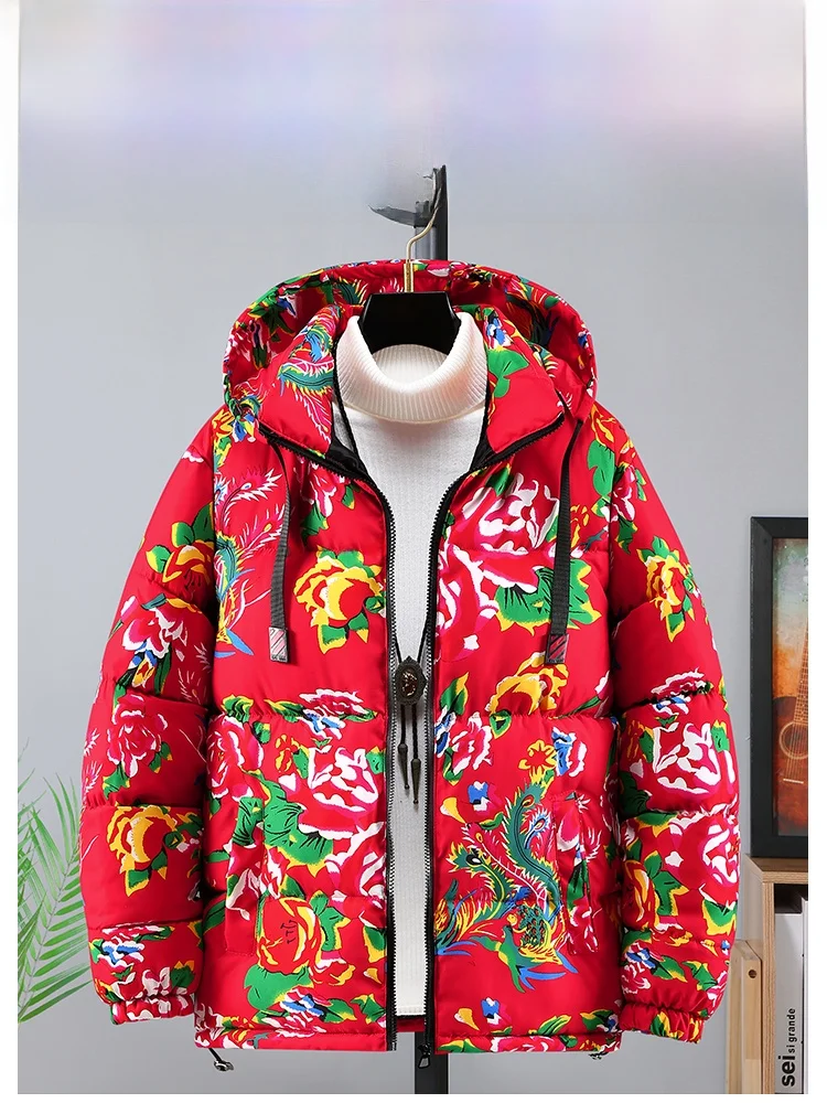 

Утепленная хлопковая куртка-пальто с крупным цветочным узором «Пион» для мужчин и женщин, зимняя одежда в молодежном повседневном стиле, свободный крой, теплая