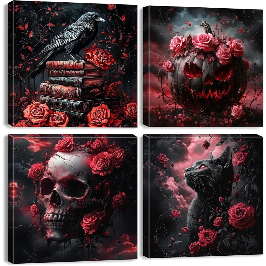 

4 шт., готическая картина с романдами на Хэллоуин, темная жуткая готическая настенная живопись, романтическая розовая роза, черная кошка, ретро, тыква, ворона, череп, картина