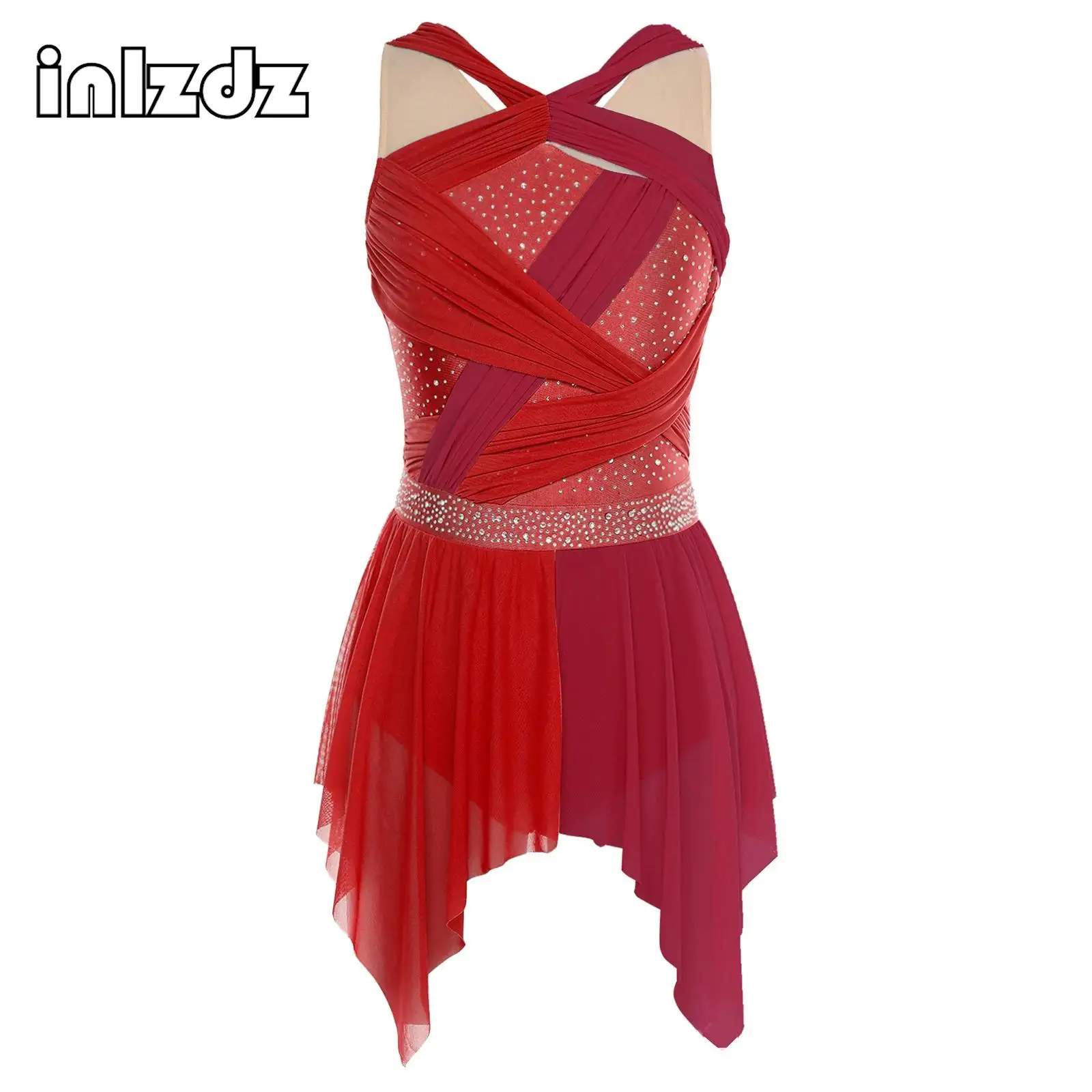 

Womens Shiny Rhinestone Lyrical Dance Dress Color Block Mesh Ruched Twisted Knot Irregular Hem Sleeveless Leotard Dancewear