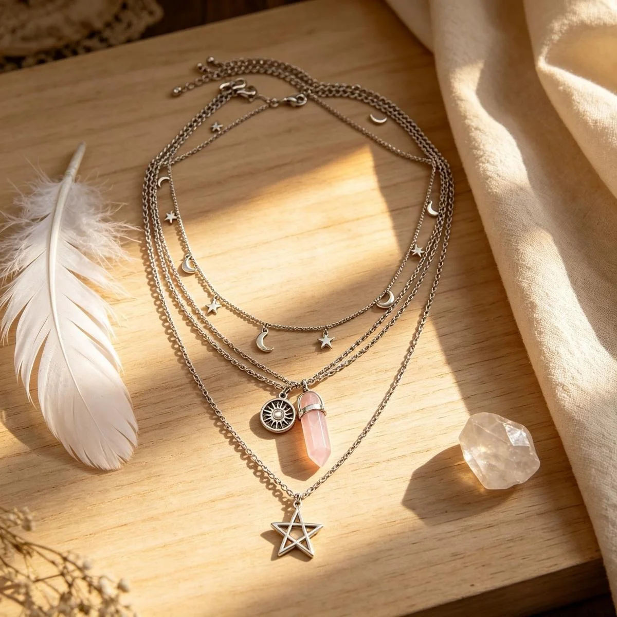 Ethnic Pink Crystal Choker Necklace Star Pentagram Pendant Moon Tassel Chain 4Pcs Jewelry Set Christmas Gift