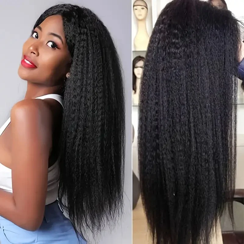 Afro fashion Yaki straight synthetic long straight wig for women 26 inch middle part natural black heat resistant fiber wig