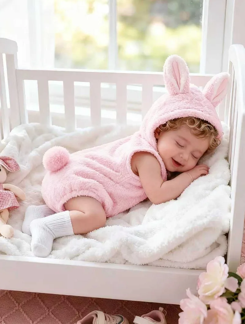 Cute Baby Girl Pink Bunny Romper Sleeveless Hooded Plush Outfit with Rabbit Ears Cozy Warm Playsuit for Newborn Infant 0 24M