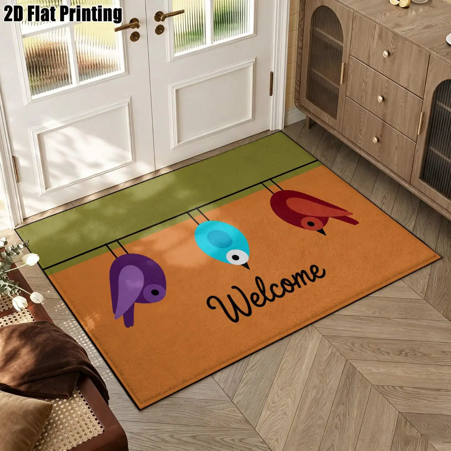 1Pc 2D Printed Carpet with Red-Blue Bird Letter Patterns: Nordic-Style, Instagram-Inspired, Modern Minimalist Geometric Striped Floor Mat, Home Decor, Multi-Size, Machine Washable, for Entrance, Foyer, Living Room, Bedroom
