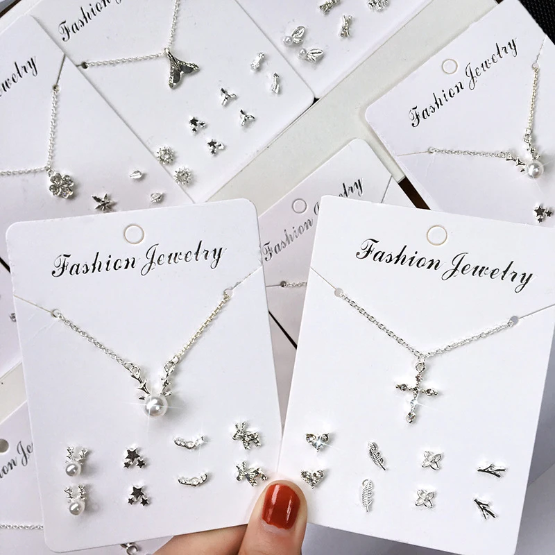 1set Trendy Zircon Pendant Necklace with 4 Pairs Stud Earrings Fashion Jewelry Set Simple Silver Color Clavicle Chain Ear Stud