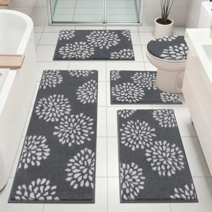 

HEBE Floral Bathroom Rugs Set 5 Pcs, Non Slip Washable Bath Mat Set for Bathroom, Absorbent Microfiber Bath Carpet with U-Shape