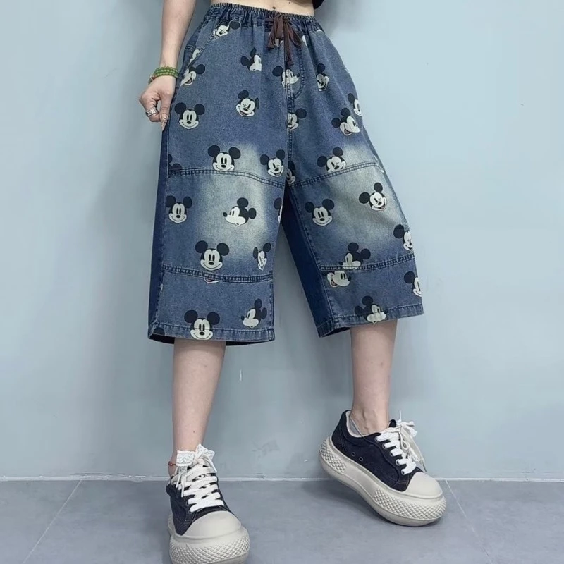 

women offers Cartoon Mickey Print Denim Shorts Women, Summer Retro Slim Fit Loose Harem Casual Niche Jeans джинсы женские