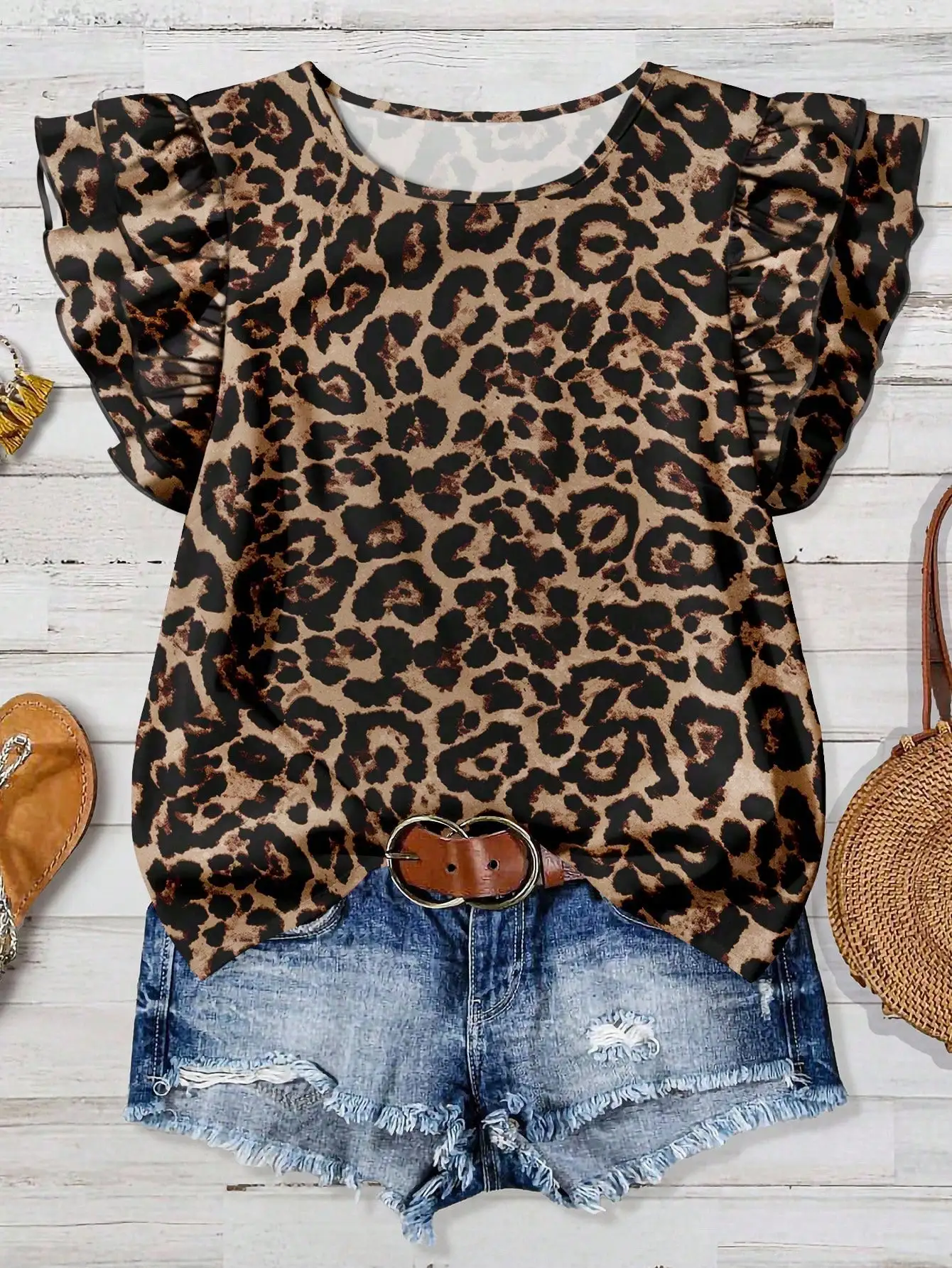 

Leopard Print Ruffle Sleeve Loose Blouse for Women, Casual Summer Fall Top