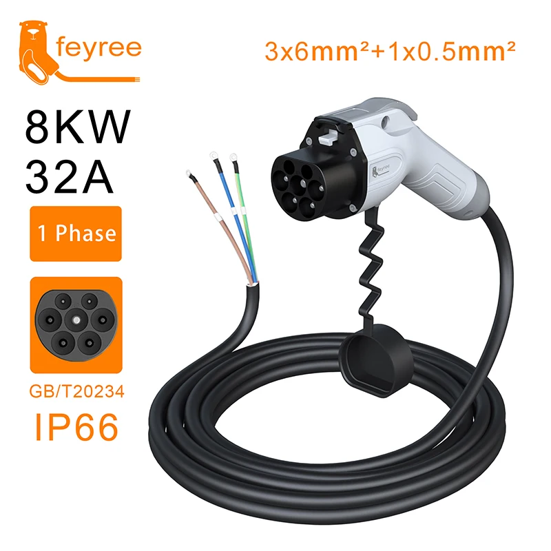 feyree GB/T Plug EV Charger Cable 5m Cord 32A 7KW 16A 3.5KW 1Phase 11KW 22KW 3 Phase for Car Charger Station Electric Vehicle