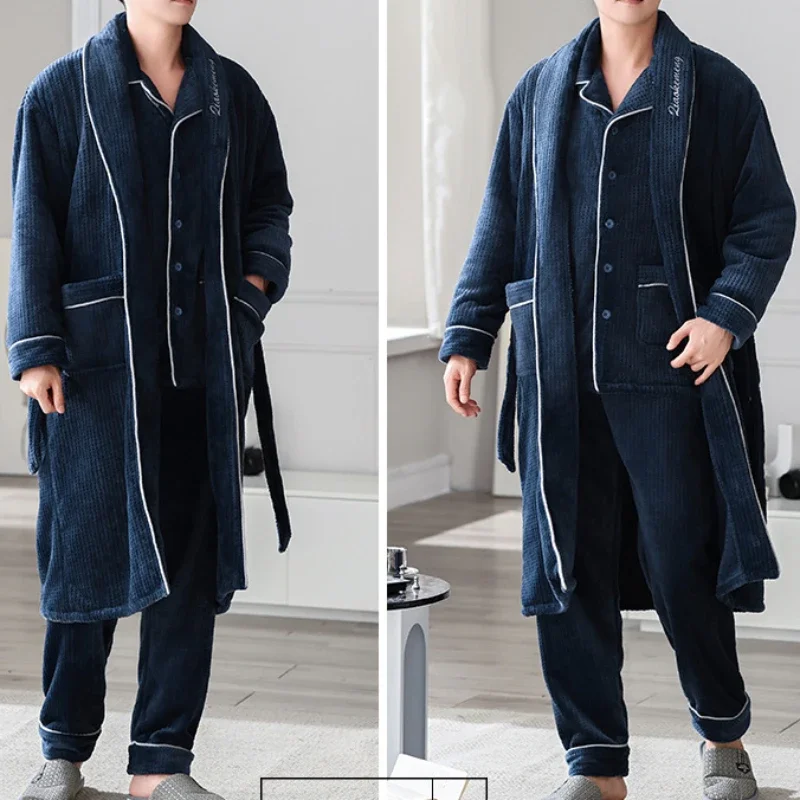 2023 Winter New Thickened Coral Velvet Men Pajamas Flannel Bathrobe Mid Length Home Wear Keep Warm Men Three-piece Night-robe