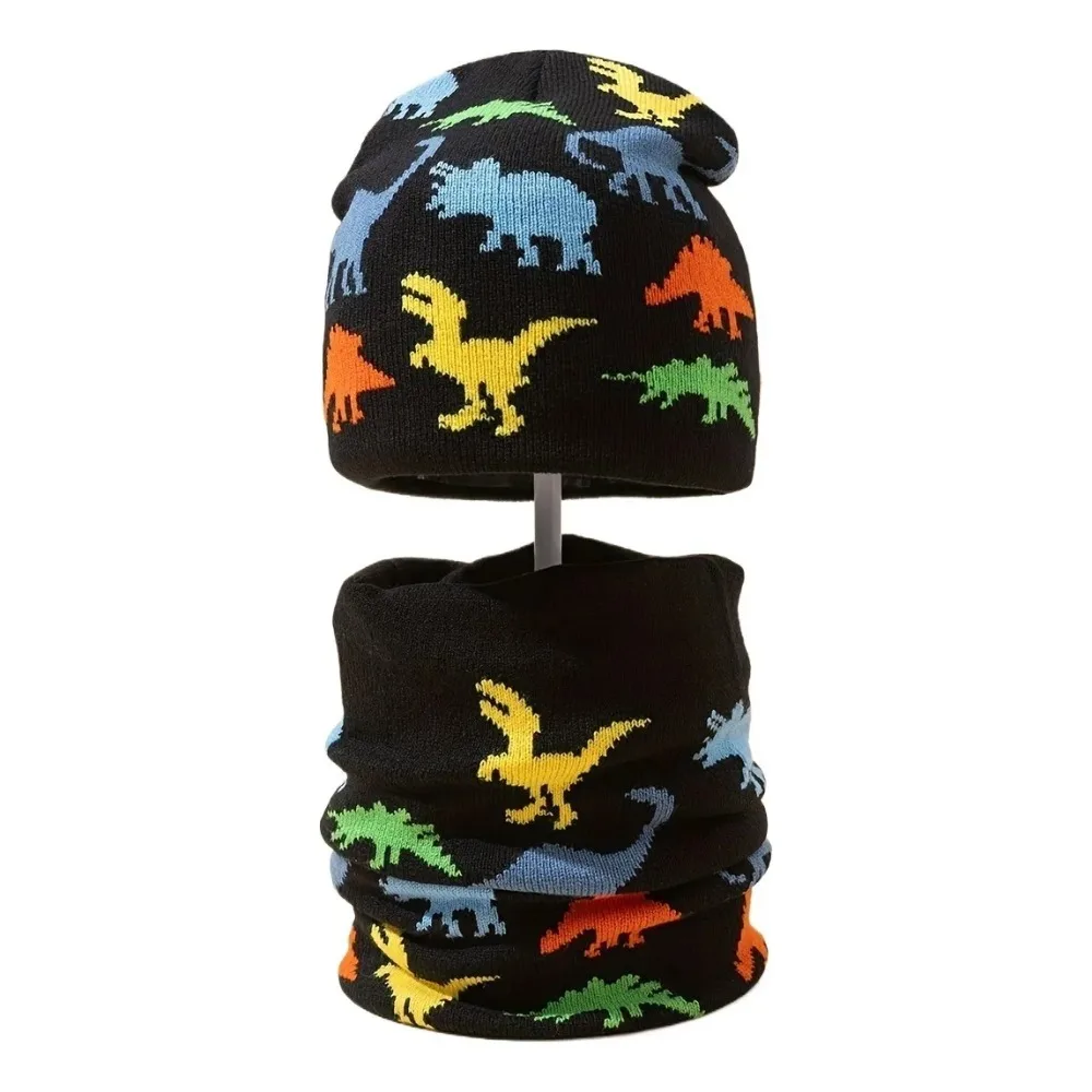 かわいい恐竜のニットベビー帽子とスカーフのセット、漫画の恐竜柄、冬用暖かい男の子女の子用ビーニー、フリース裏地付き幼児キッズ帽子、男の子女の子用