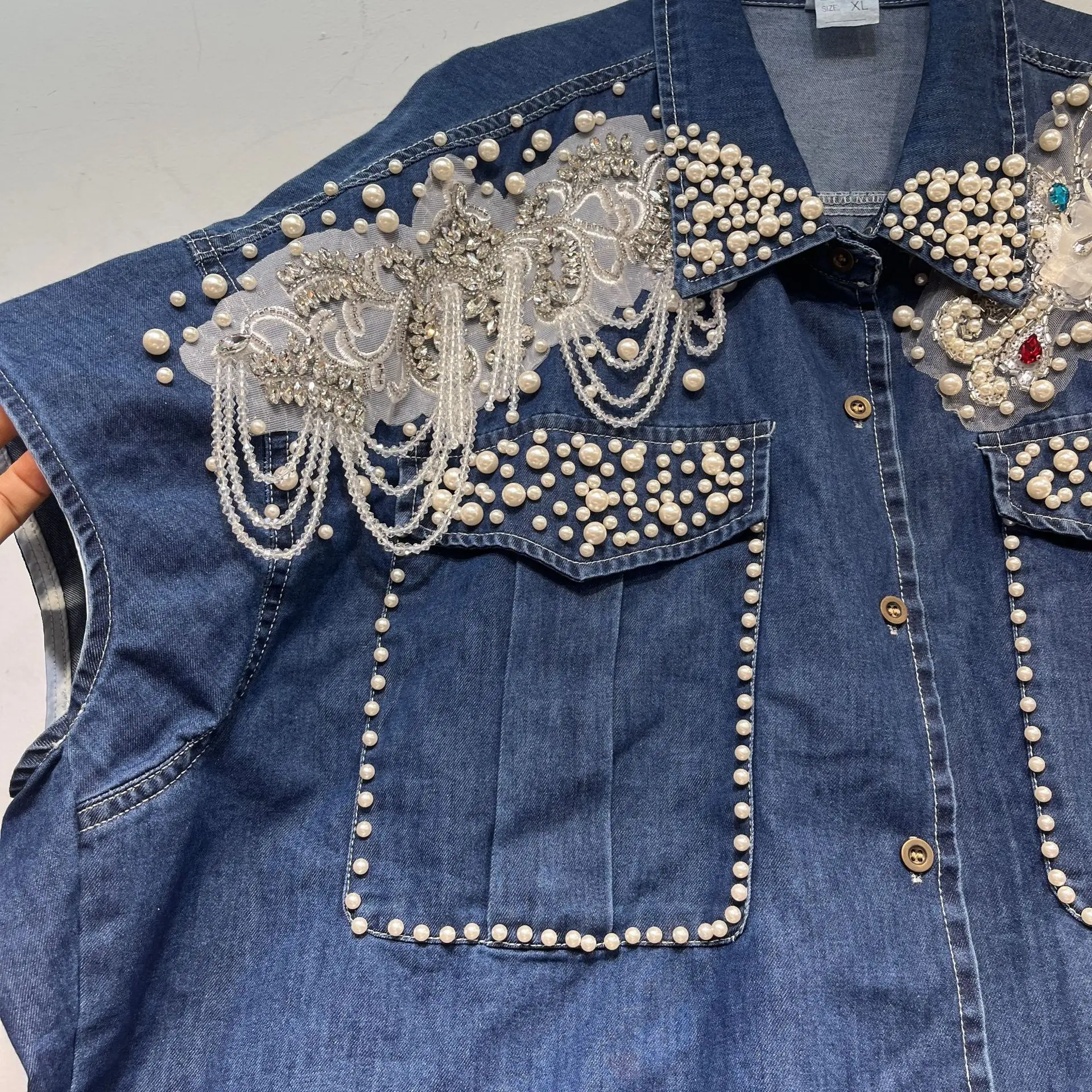 Pesante impreziosito diamante ort Sve Denim irt Top elastico in vita Set due pezzi Colletto da collezione primaverile Faion da donna