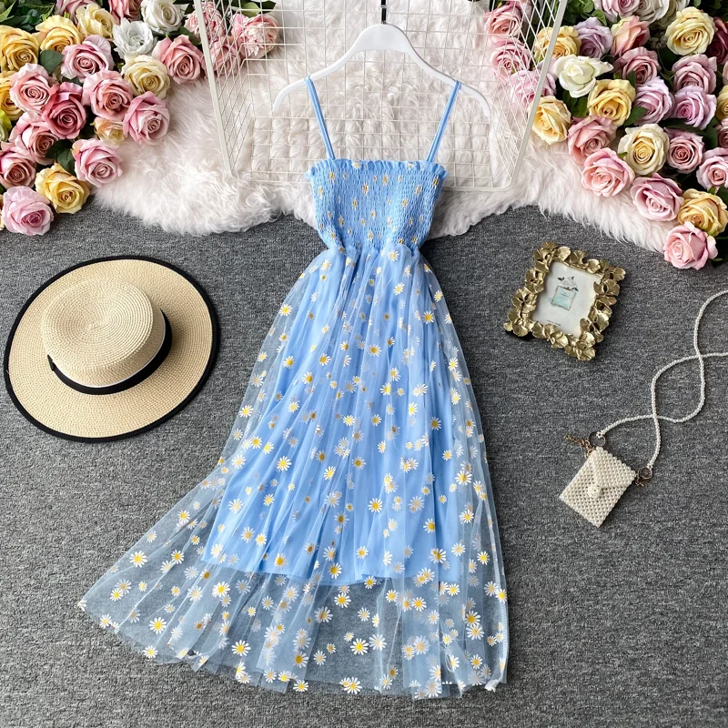 

Elegant Floral Midi Dress Women Vintage Mesh Spaghetti Strap One Pieces Dresses Vacation Beach Sundress Korean Vestidos P152