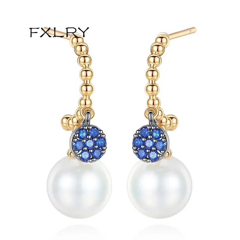 FXLRY New Simple Design Gold Color Long Line Imitation Pearl Round Shape Drop Earrings Cubic Zirconia For Women Fashion Jewelry