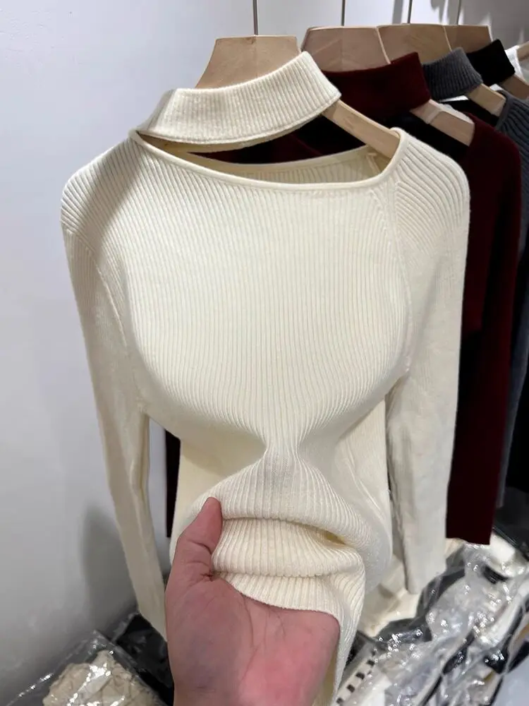 Women Mock Neck Cut‑Out Ribbed Knit Pullover Sweater Elastic Long Sleeve Solid Coffee Ladies Daily Casual Fashion Knitwear Top