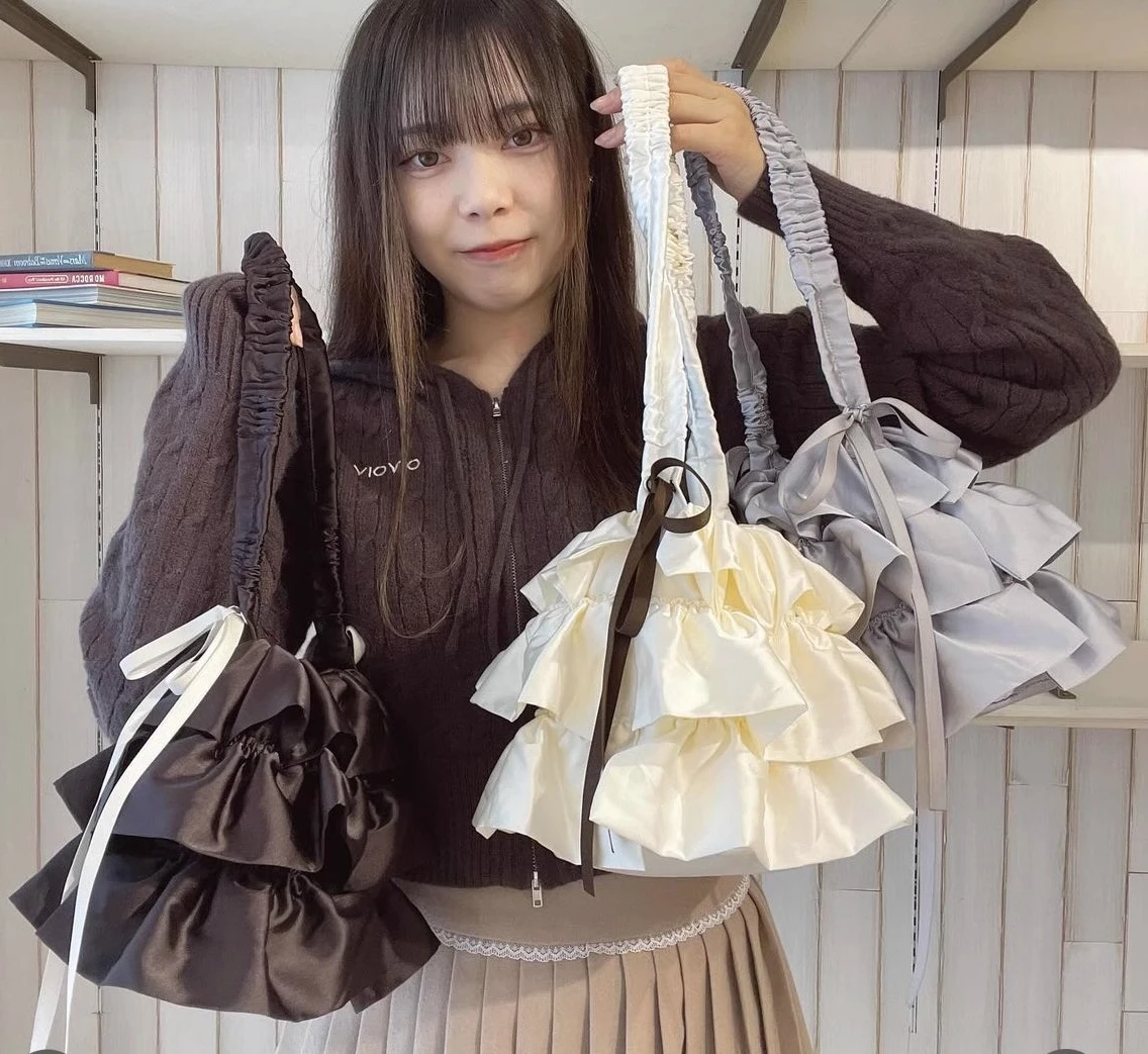 2025 New Japanese Sweet Bow Ribbon Satin Women's Bags Lolita Ruffled Cake Skirt Styling Handbag Shoulder Messenger Bag female