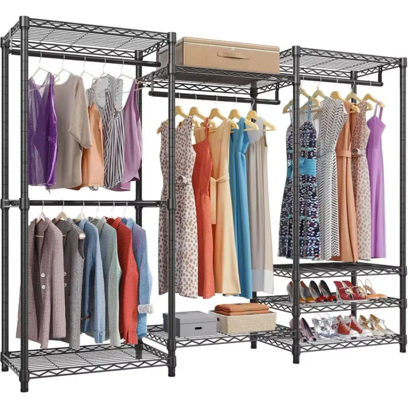 

Great Discounts.V5 Portable Closet Wardrobe Heavy Duty Clothes Rack, Freestanding Clothing Rack with 4 Hang Rods & 8 Shelves, Bl