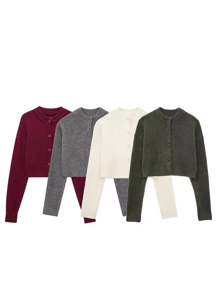 HH Frauen Abgeschnitten Strickjacke Pullover Einreiher Langarm O Neck Mantel Elegante Feste Oberbekleidung Weibliche Chic Top