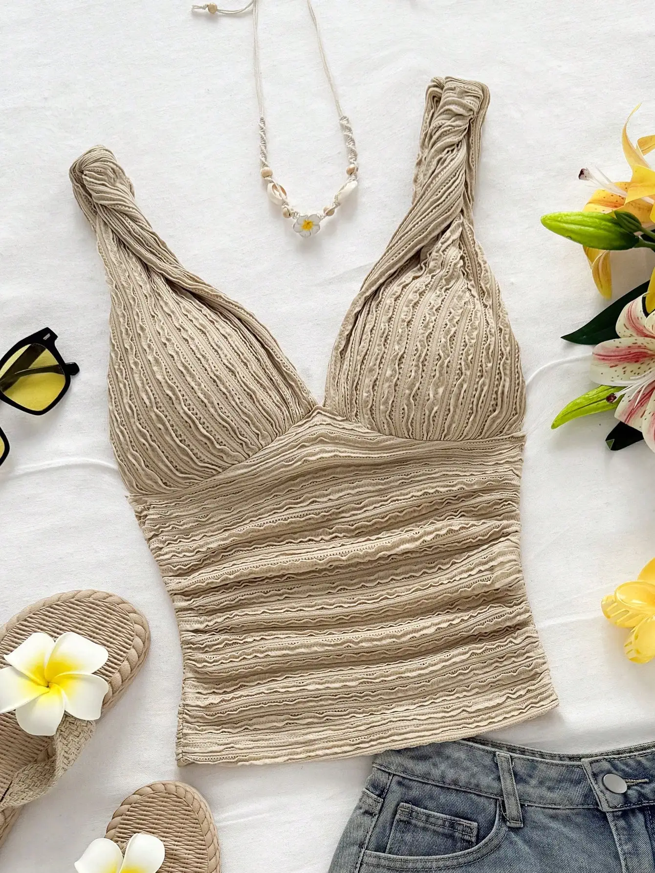 Khaki Knit V-Neck Ruched Cami, Twisted Shoulder Strap Textured Top, Casual Summer Party Beach Vacation Top for Women