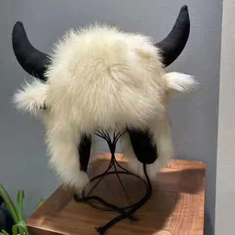 High Quality Unisex Bullhead Hat Thick Fluffy Bison Hat Windproof with Horns Funny Hat