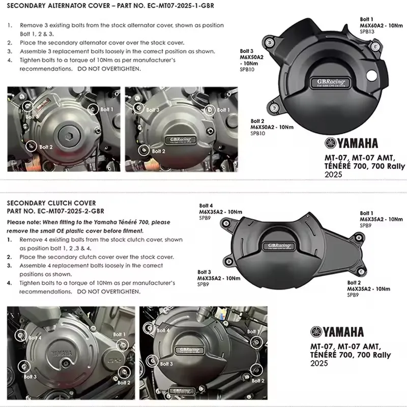 accessori moto GBRacing Secondary Cover + Clutch Cover – Engine Protection Set Tailored 2025 For Yamaha MT-07/Ténéré 700 Series