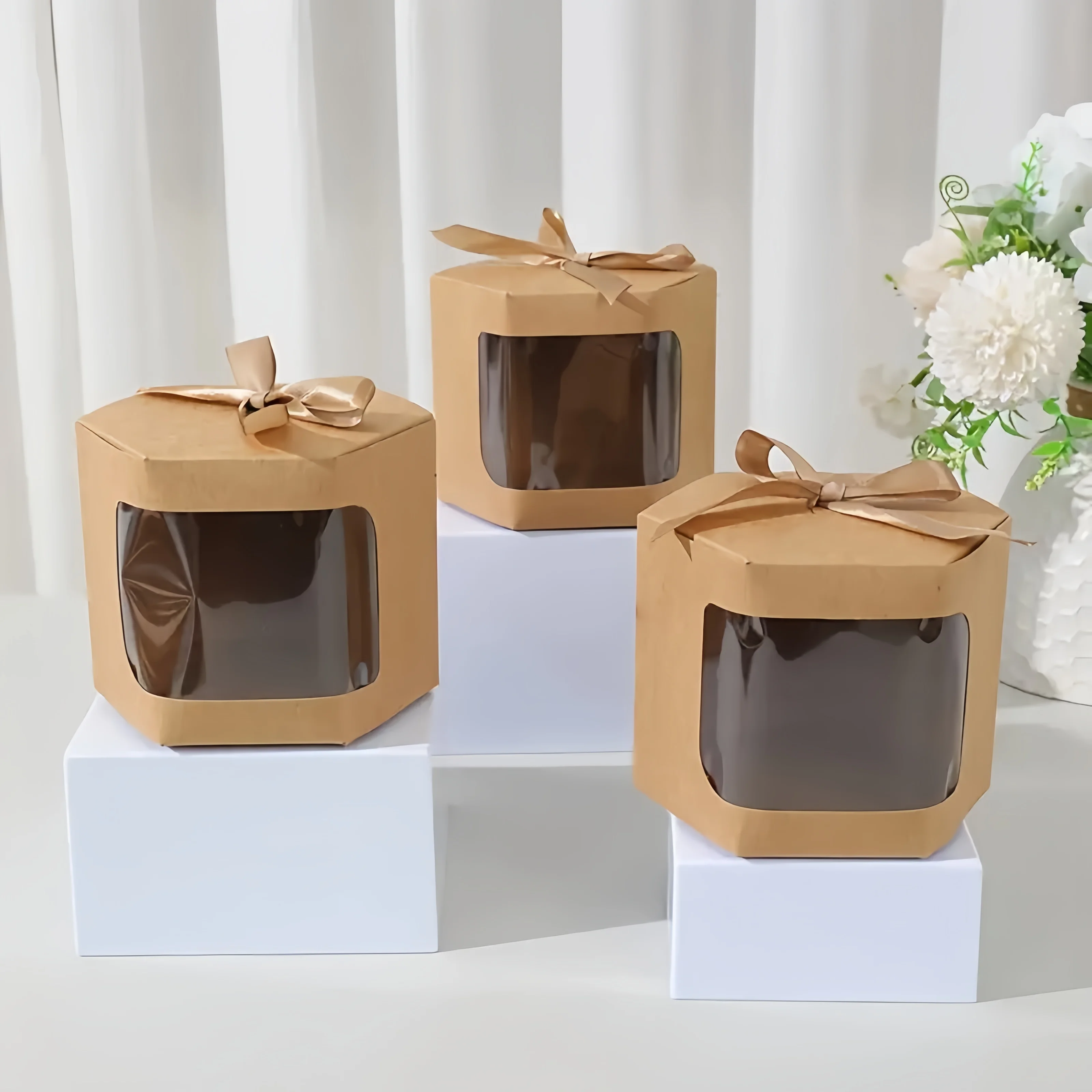 6/12/30 Stück Kraftpapier-Band-Schachtel für Süßigkeiten und Kekse mit transparentem Fenster, handgefertigte Geschenkverpackung, Geschenkbox für Hochzeiten und Partys – Detail 3